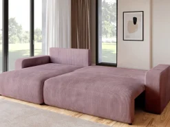Narożniki>BROMARKT Różowa sztruksowa kanapa narożna z funkcją spania PUMI XL