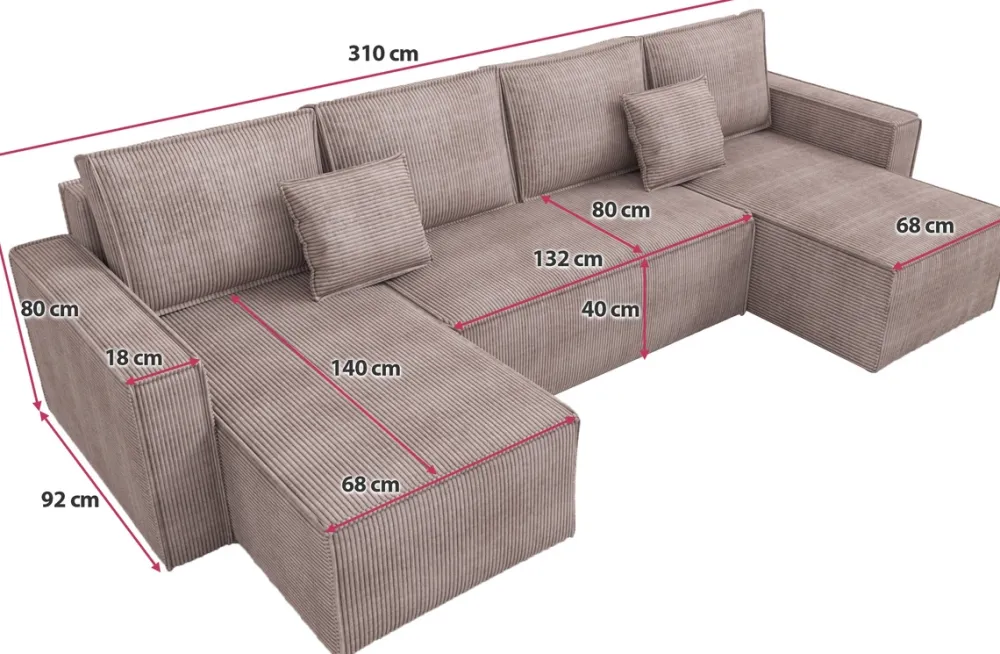 Narożniki>IZABELLA MEBLE Różowy narożnik w kształcie u z funkcją spania DEXTER U