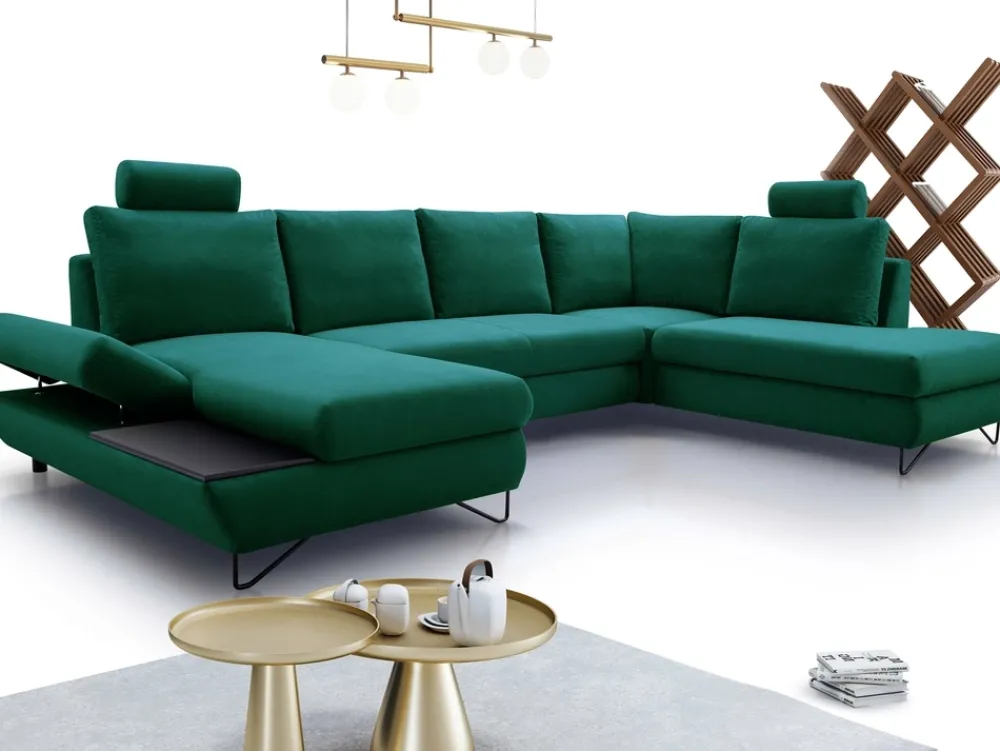 Narożniki>LASKI Rozkładana kanapa narożna U z regulowanym podłokietnikiem i półką LORENS