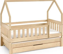 Łóżka Dziecięce|Łóżka Ze Stelażem>Meblomal Sosnowe łóżko domek do pokoju dziecięcego 80x160 cm z barierką MELANIA sosna naturalna