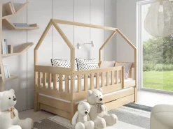 Łóżka Dziecięce|Łóżka Ze Stelażem>Meblomal Sosnowe łóżko domek do pokoju dziecięcego 80x160 cm z barierką MELANIA sosna naturalna