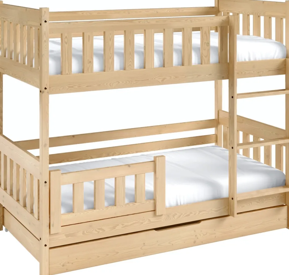 Meble Dla Dzieci|Łóżka Młodzieżowe>Meblomal Sosnowe łóżko piętrowe z barierką i pojemnikiem do pokoju dziecięcego 80x190 cm LUMISLE sosna naturalna