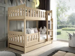 Meble Dla Dzieci|Łóżka Młodzieżowe>Meblomal Sosnowe łóżko piętrowe z barierką i pojemnikiem do pokoju dziecięcego 80x190 cm LUMISLE sosna naturalna