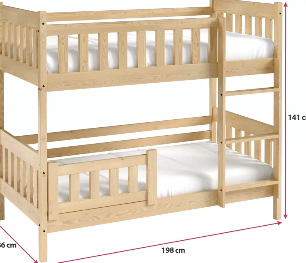 Meble Dla Dzieci|Łóżka Młodzieżowe>Meblomal Sosnowe łóżko piętrowe z barierką i pojemnikiem do pokoju dziecięcego 80x190 cm LUMISLE sosna naturalna