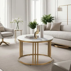 Ławy I Stoliki>MEBEL ELITE Stolik kawowy do salonu KORINO biały połysk ze złotym akcentem