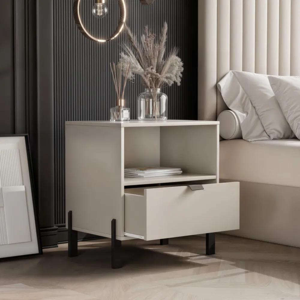 Zestawy Mebli Do Salonu|Szafki Nocne>Stolar Stolik nocny szafka nocna do sypialni beżowy z szufladą CALISSA