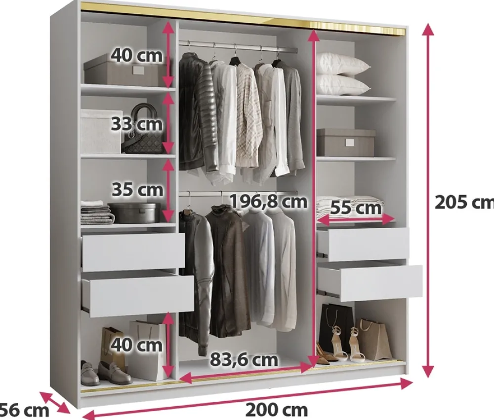 Szafy Trzydrzwiowe|Szafy Do Przedpokoju>BROMARKT Szafa 200 cm biała przesuwna GOLD NEW połysk biały połysk