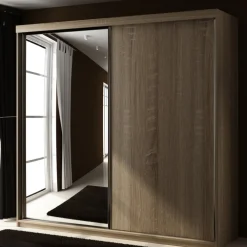 Zestawy Mebli Do Przedpokoju|Szafy Dwudrzwiowe>KIER Szafa 200 cm z lustrem do sypialni dwudrzwiowa przesuwna TARO dąb sonoma