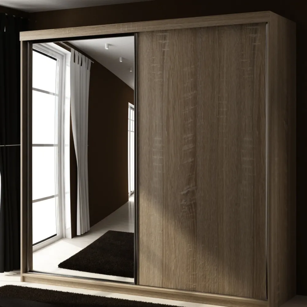 Zestawy Mebli Do Przedpokoju|Szafy Dwudrzwiowe>KIER Szafa 200 cm z lustrem do sypialni dwudrzwiowa przesuwna TARO dąb sonoma