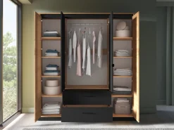 Zestawy Mebli Do Sypialni|Szafy Młodzieżowe>ML Meble Szafa czterodrzwiowa 200 cm z lustrem dąb craft złoty czarny z szufladami i drążkiem