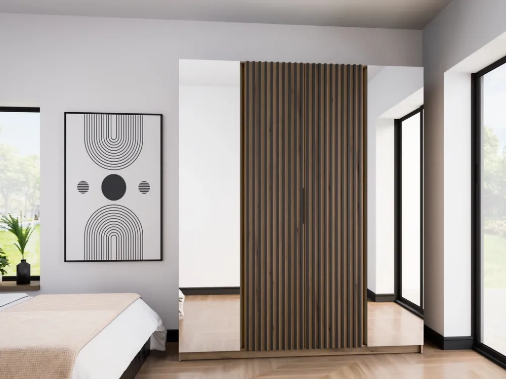 Szafy Młodzieżowe|Szafy Otwierane>Lempert Szafa czterodrzwiowa z lamelami i lustrem 200 cm KARAT dąb evoke