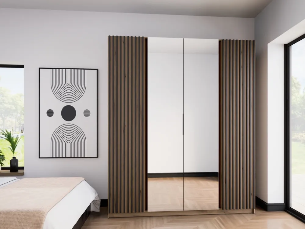 Szafy Młodzieżowe|Szafy Otwierane>Lempert Szafa czterodrzwiowa z lustrem i półkami 200 cm KARAT dąb evoke