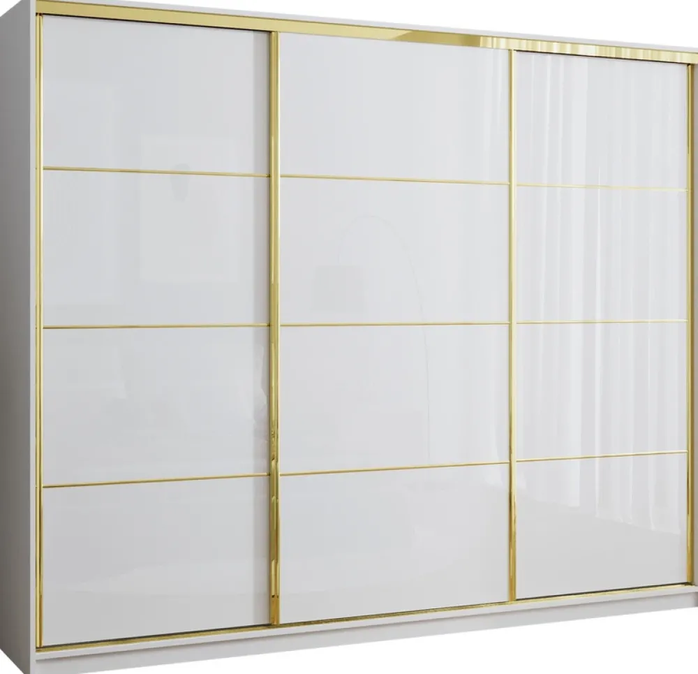 Szafy Trzydrzwiowe|Szafy Do Przedpokoju>BROMARKT Szafa do sypialni 250 cm GOLD NEW biały połysk
