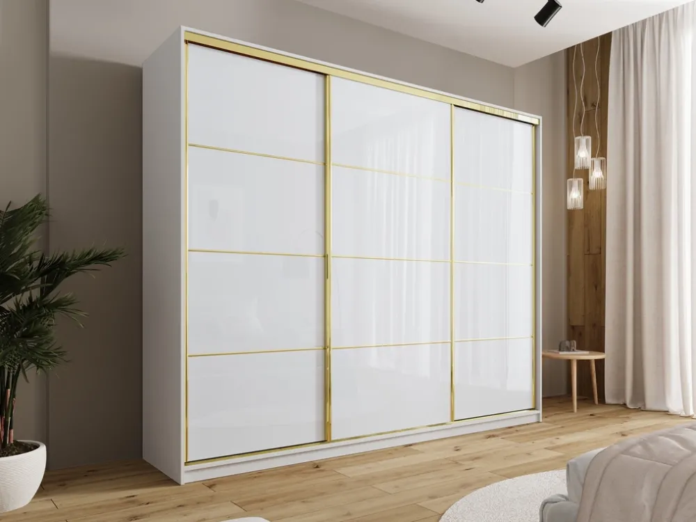 Szafy Trzydrzwiowe|Szafy Do Przedpokoju>BROMARKT Szafa do sypialni 250 cm GOLD NEW biały połysk