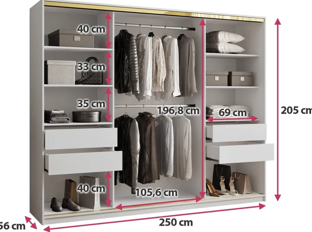 Szafy Trzydrzwiowe|Szafy Do Przedpokoju>BROMARKT Szafa do sypialni 250 cm GOLD NEW biały połysk
