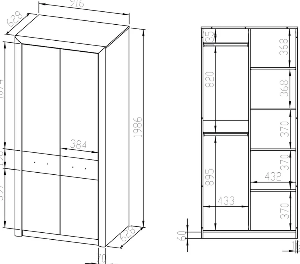 Zestawy Mebli Do Salonu|Zestawy Mebli Młodzieżowych>ML Meble Szafa dwudrzwiowa 92 cm z półkami i drążkami CASTEL