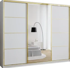 Szafy Trzydrzwiowe|Szafy Do Przedpokoju>BROMARKT Szafa garderoba 250 cm GOLD NEW z lustrem biały