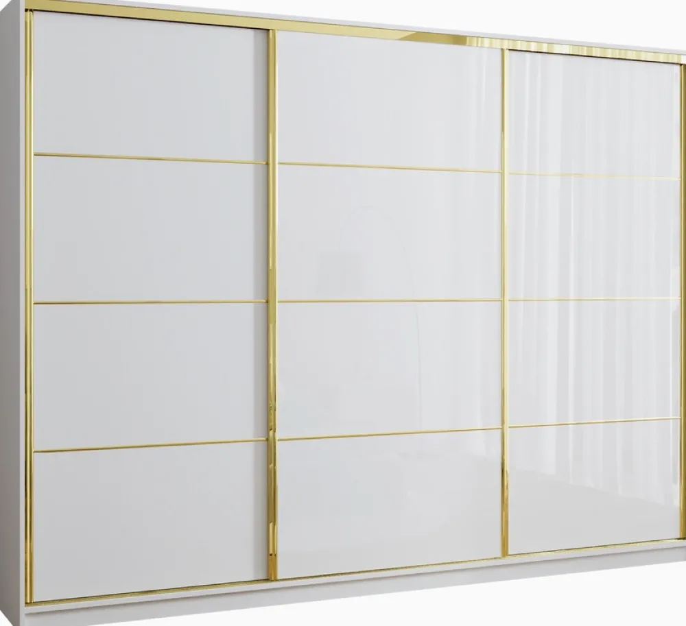 Zestawy Mebli Do Przedpokoju|Szafy Trzydrzwiowe>BROMARKT Szafa garderoba przesuwna 280 cm GOLD NEW połysk biały połysk