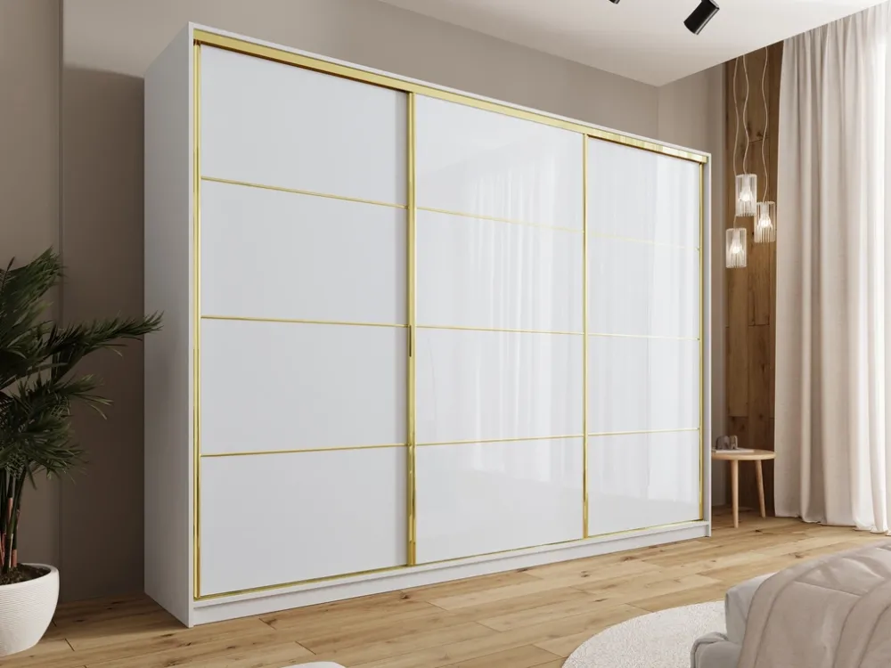 Zestawy Mebli Do Przedpokoju|Szafy Trzydrzwiowe>BROMARKT Szafa garderoba przesuwna 280 cm GOLD NEW połysk biały połysk