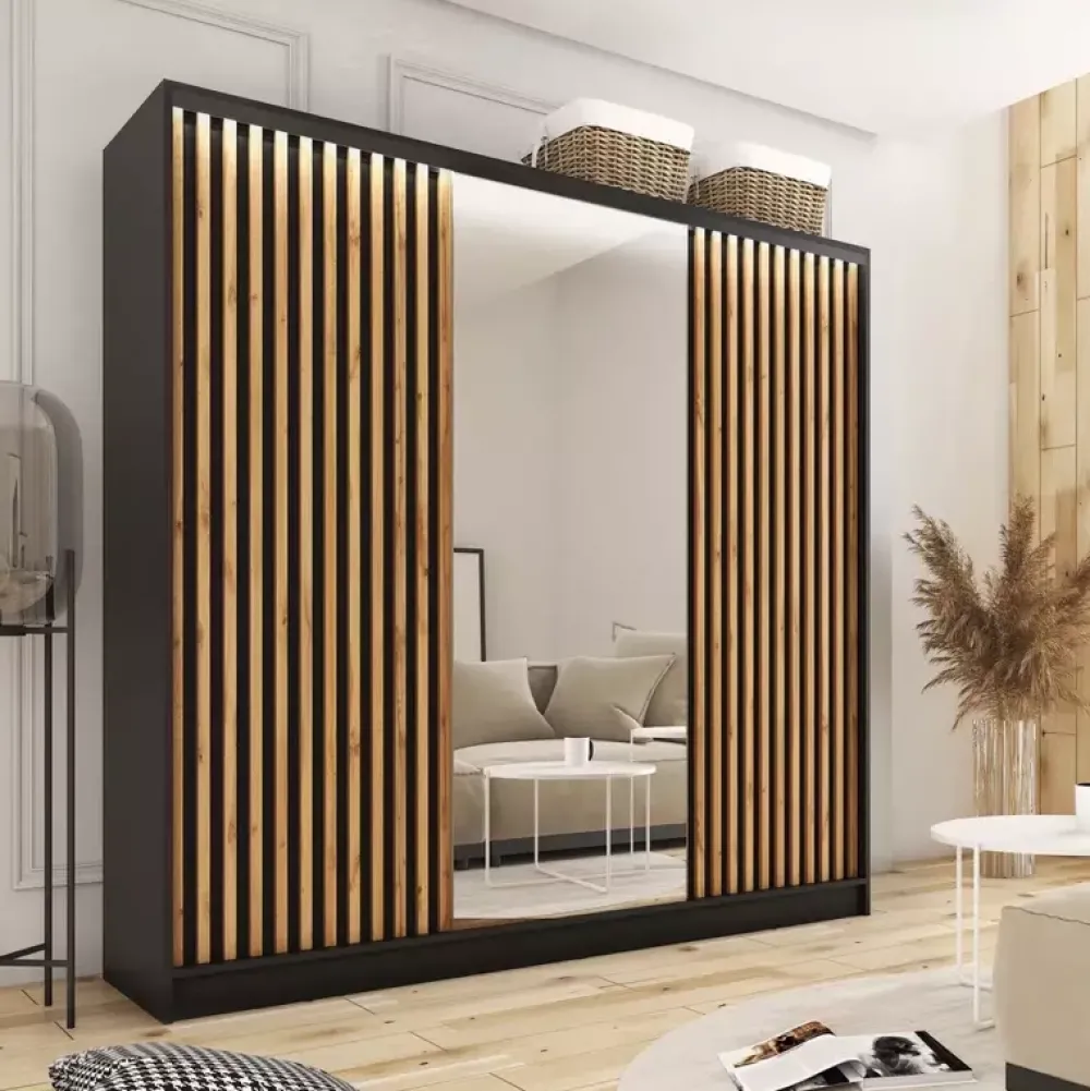 Zestawy Mebli Do Przedpokoju|Szafy Trzydrzwiowe>BROMARKT Szafa garderoba z lustrem lamele LOFT 200 cm wotan