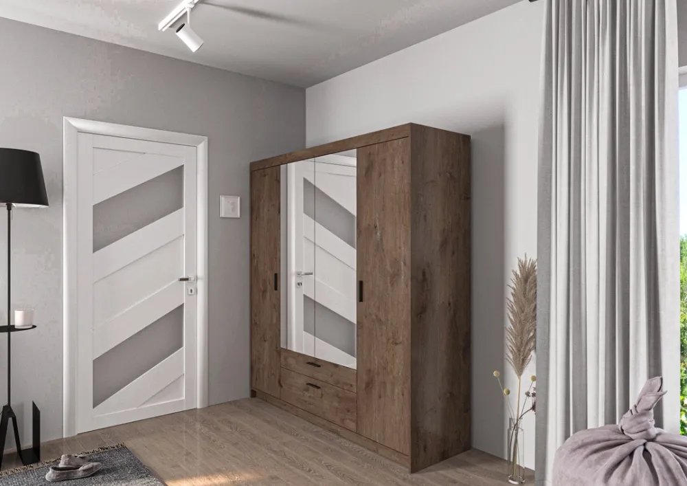 Garderoby|Meble Młodzieżowe>Lempert Szafa modułowa z lustrem i szufladami do sypialni 176 cm KUBA dąb lefkas