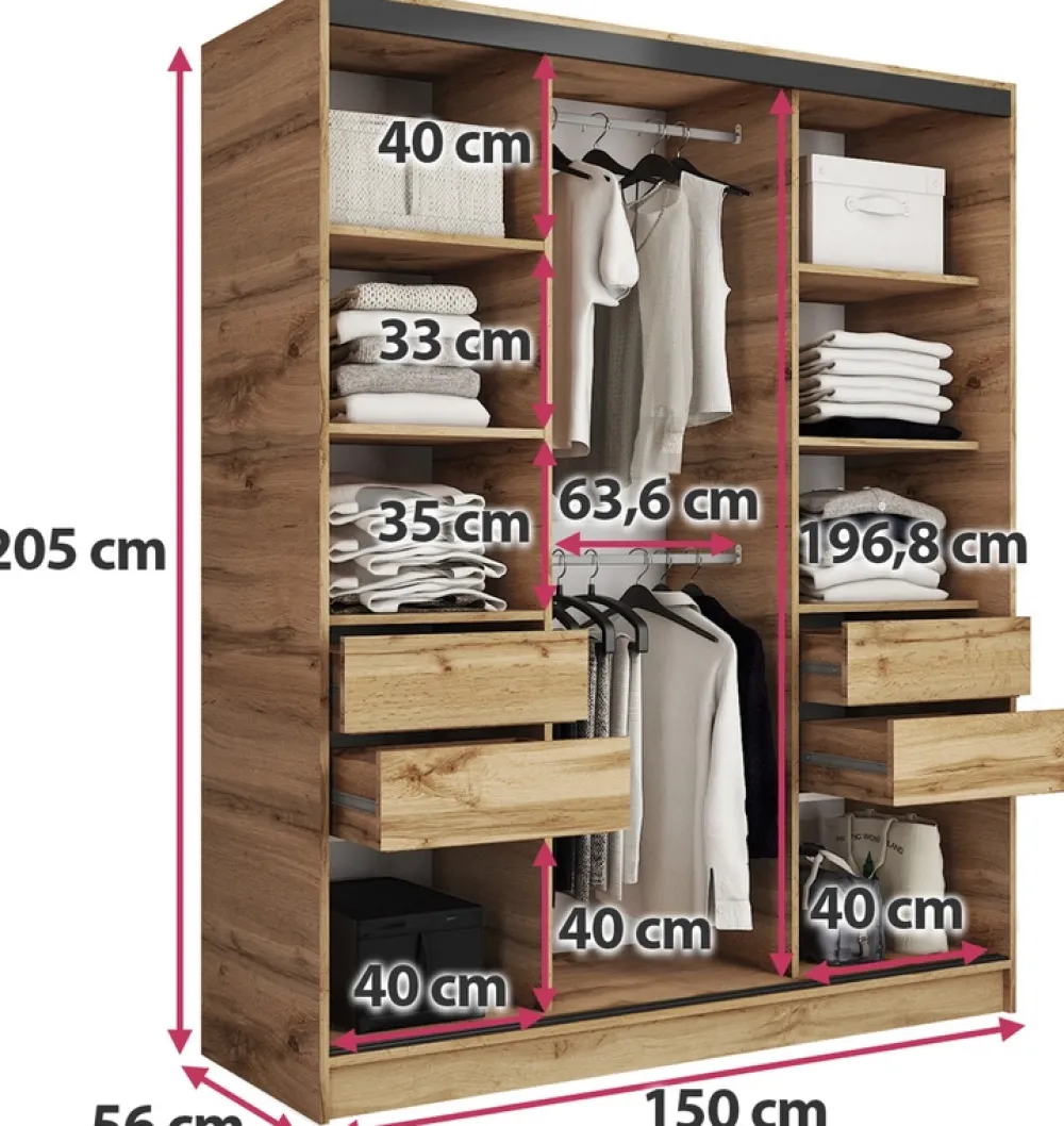 Zestawy Mebli Do Przedpokoju|Szafy Trzydrzwiowe>BROMARKT Szafa na ubrania 150 cm LOFT dąb wotan