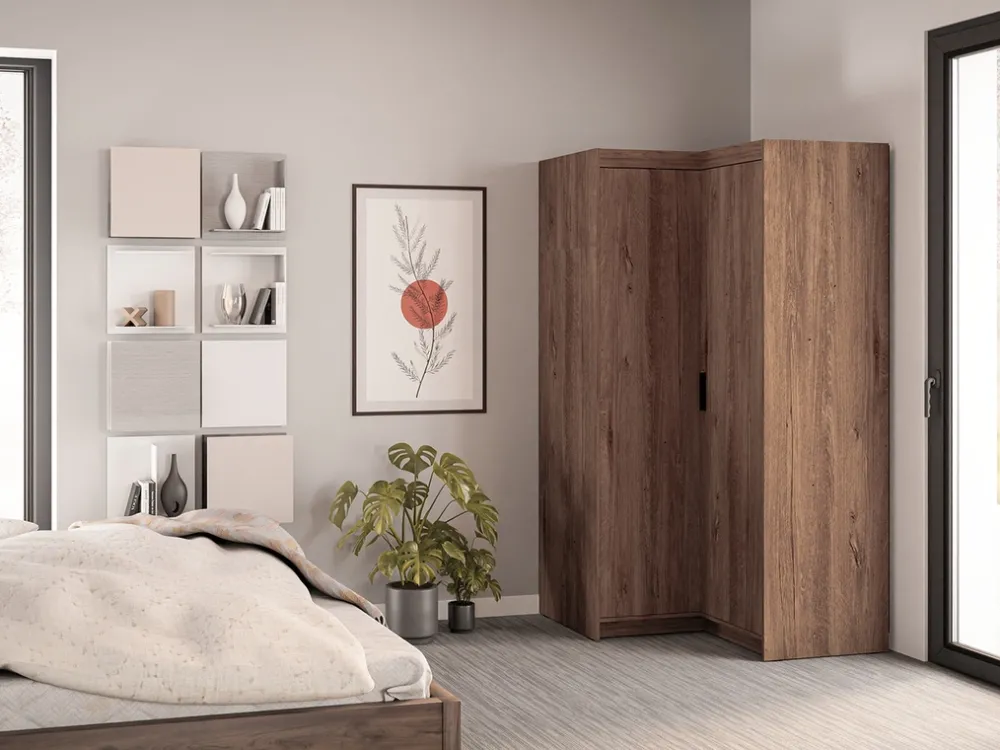 Zestawy Mebli Do Przedpokoju|Szafy Modułowe>Lempert Szafa narożna modułowa dwudrzwiowa z półkami i drążkiem 98x98 cm KUBA dąb lefkas