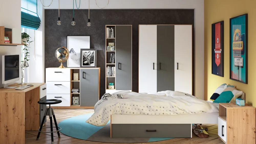 Zestawy Mebli Młodzieżowych|Szafy Dwudrzwiowe>ML Meble Szafa narożna z półkami i drążkami do pokoju młodzieżowego FINI