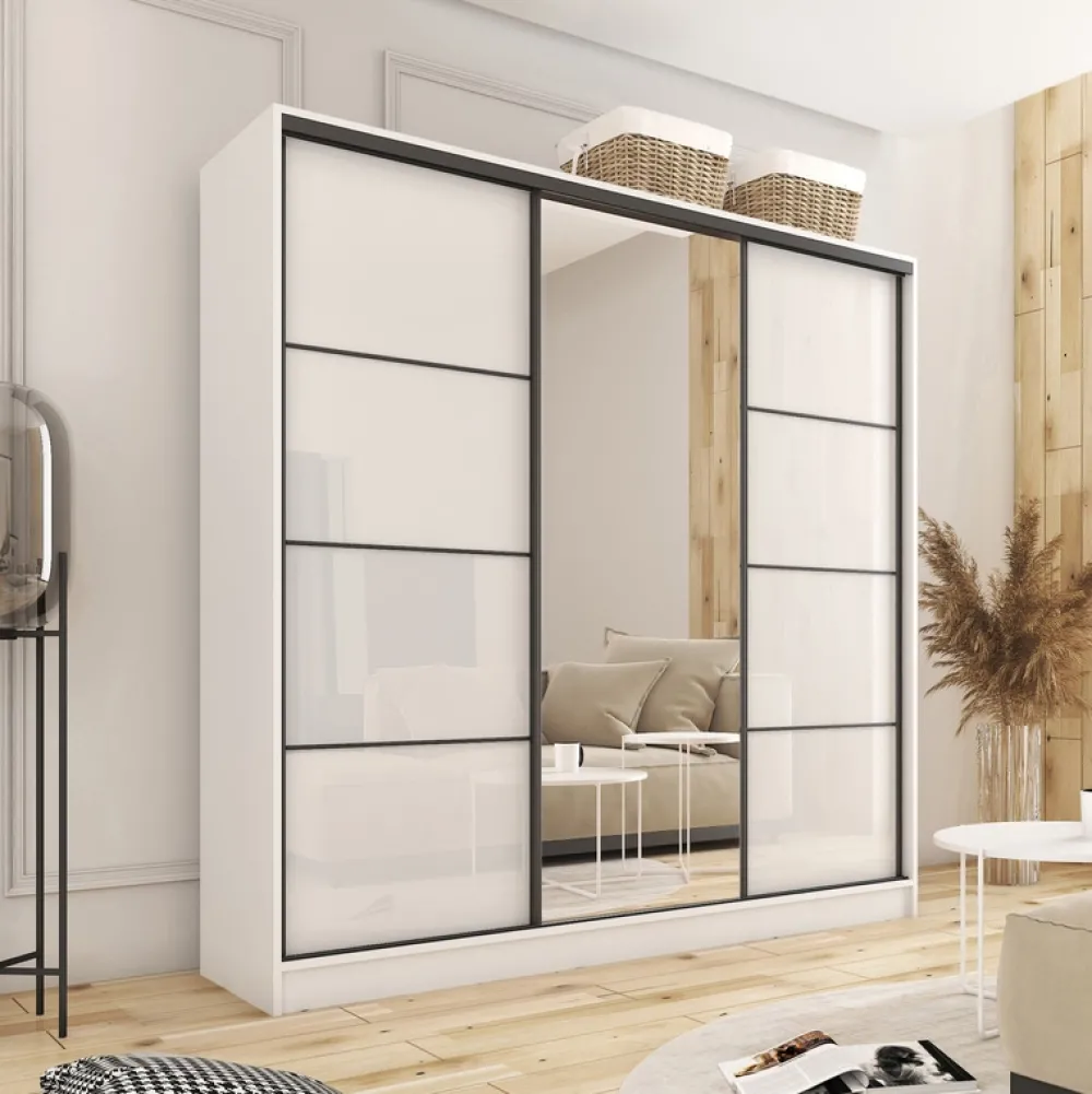 Zestawy Mebli Do Przedpokoju|Szafy Trzydrzwiowe>BROMARKT Szafa przesuwna 200 cm biała połysk LOFT biały połysk