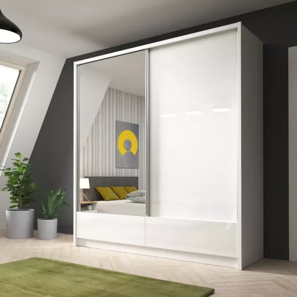 Szafy Dwudrzwiowe|Szafy Z Lustrem>PIASKI Szafa przesuwna 200 cm biała połysk ARIEL