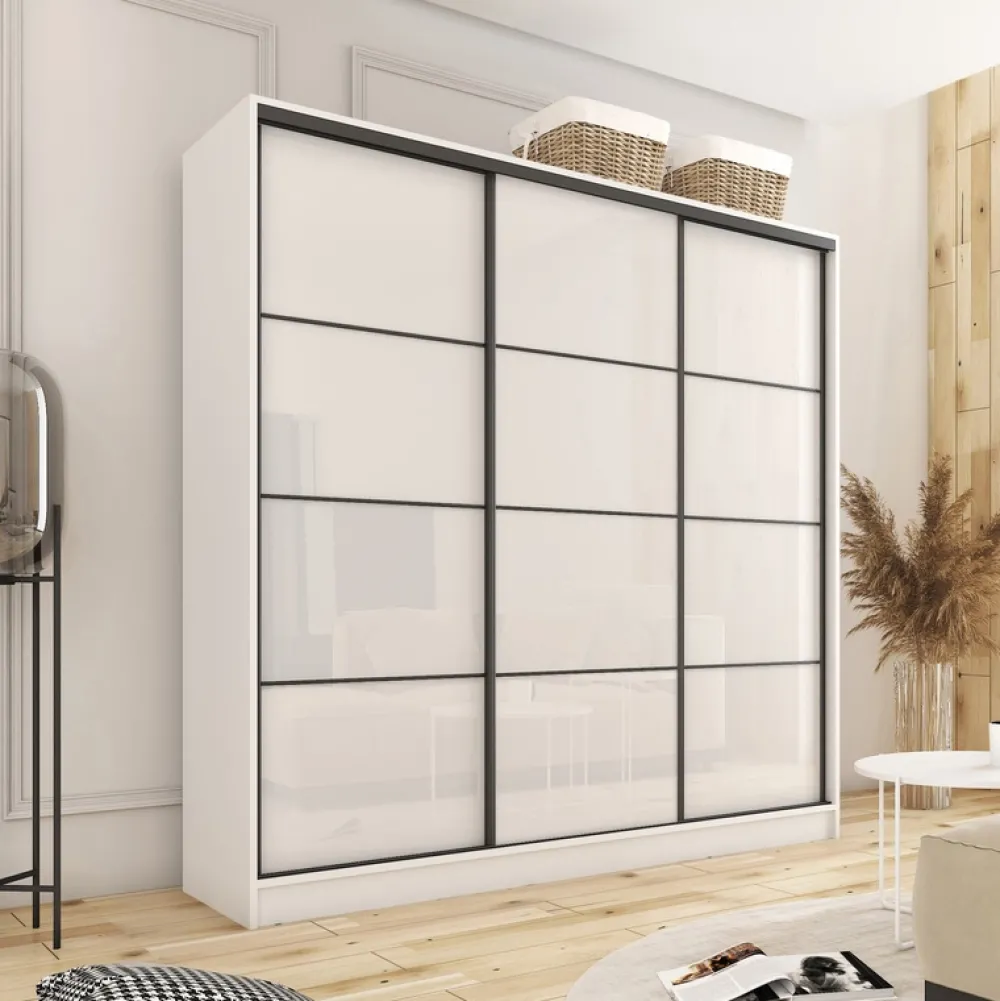 Zestawy Mebli Do Przedpokoju|Szafy Trzydrzwiowe>BROMARKT Szafa przesuwna 200 cm biała połysk LOFT biały połysk