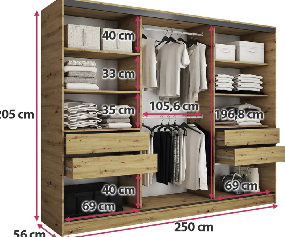 Zestawy Mebli Do Przedpokoju|Szafy Trzydrzwiowe>BROMARKT Szafa przesuwna 250 cm LOFT dąb artisan