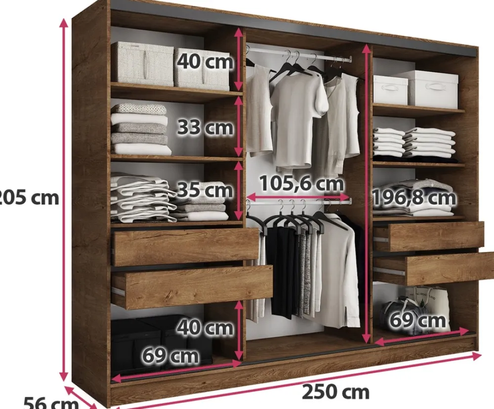 Zestawy Mebli Do Przedpokoju|Szafy Trzydrzwiowe>BROMARKT Szafa przesuwna 250 cm LOFT dąb lefkas