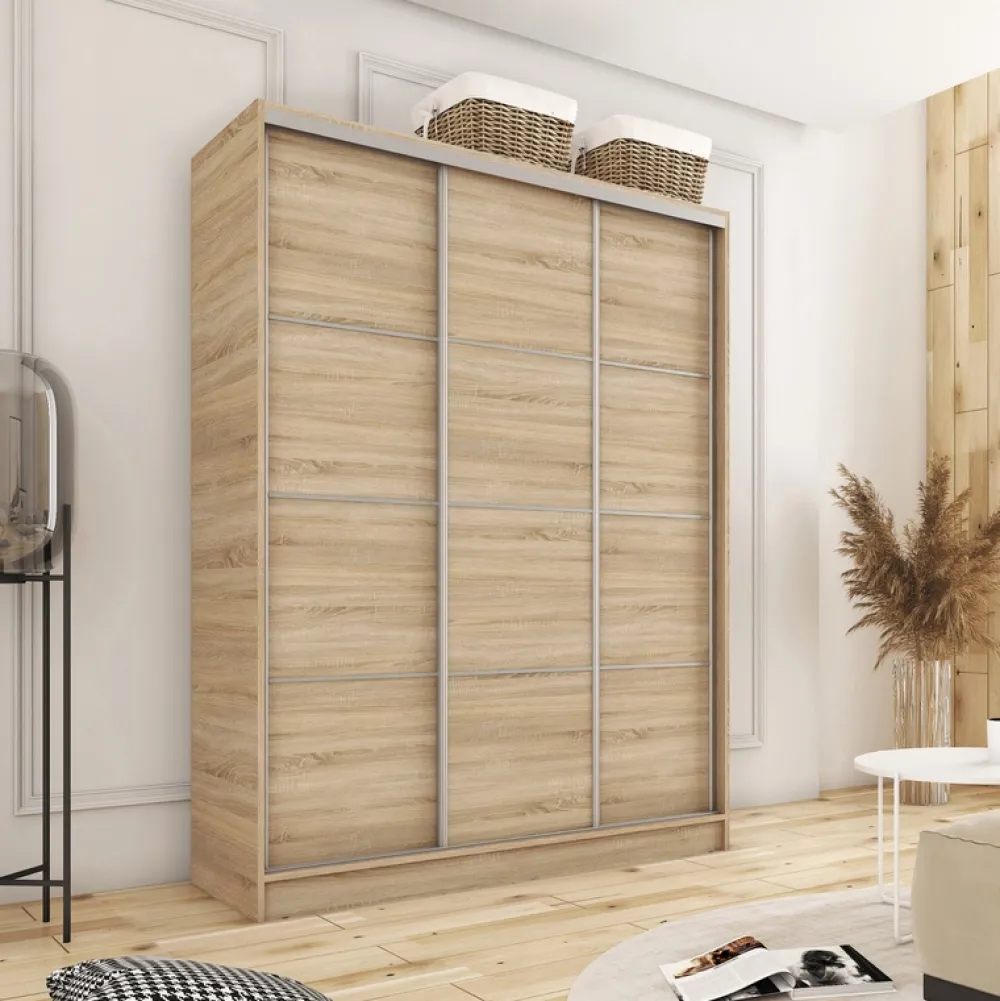 Zestawy Mebli Do Przedpokoju|Szafy Trzydrzwiowe>BROMARKT Szafa przesuwna 150 cm TOP dąb sonoma