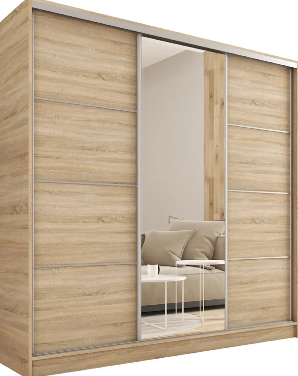 Zestawy Mebli Do Przedpokoju|Szafy Trzydrzwiowe>BROMARKT Szafa przesuwna 200 cm z lustrem TOP dąb sonoma