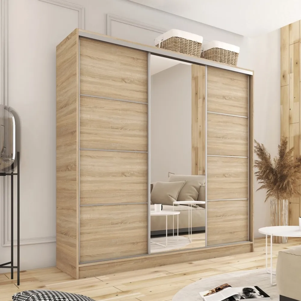 Zestawy Mebli Do Przedpokoju|Szafy Trzydrzwiowe>BROMARKT Szafa przesuwna 200 cm z lustrem TOP dąb sonoma