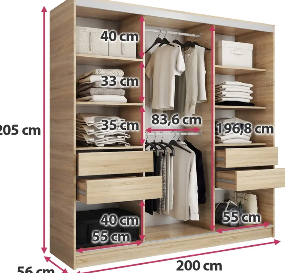 Zestawy Mebli Do Przedpokoju|Szafy Trzydrzwiowe>BROMARKT Szafa przesuwna 200 cm z lustrem TOP dąb sonoma