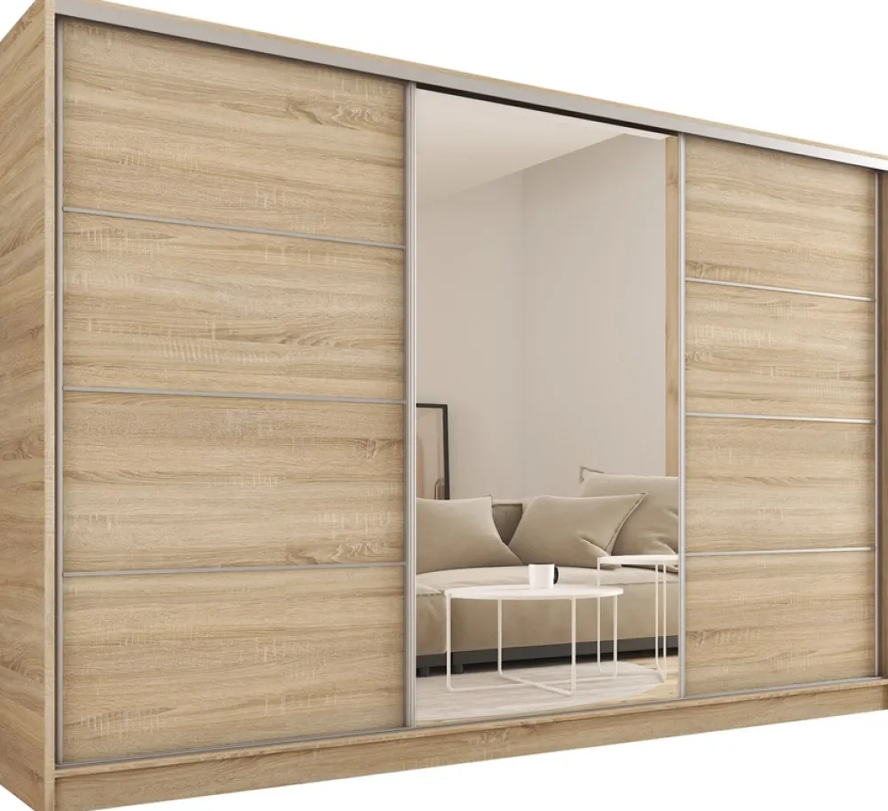 Zestawy Mebli Do Przedpokoju|Szafy Trzydrzwiowe>BROMARKT Szafa przesuwna 280 cm z lustrem TOP dąb sonoma