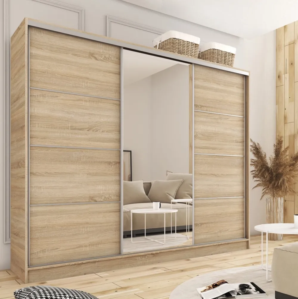 Zestawy Mebli Do Przedpokoju|Szafy Trzydrzwiowe>BROMARKT Szafa przesuwna 280 cm z lustrem TOP dąb sonoma