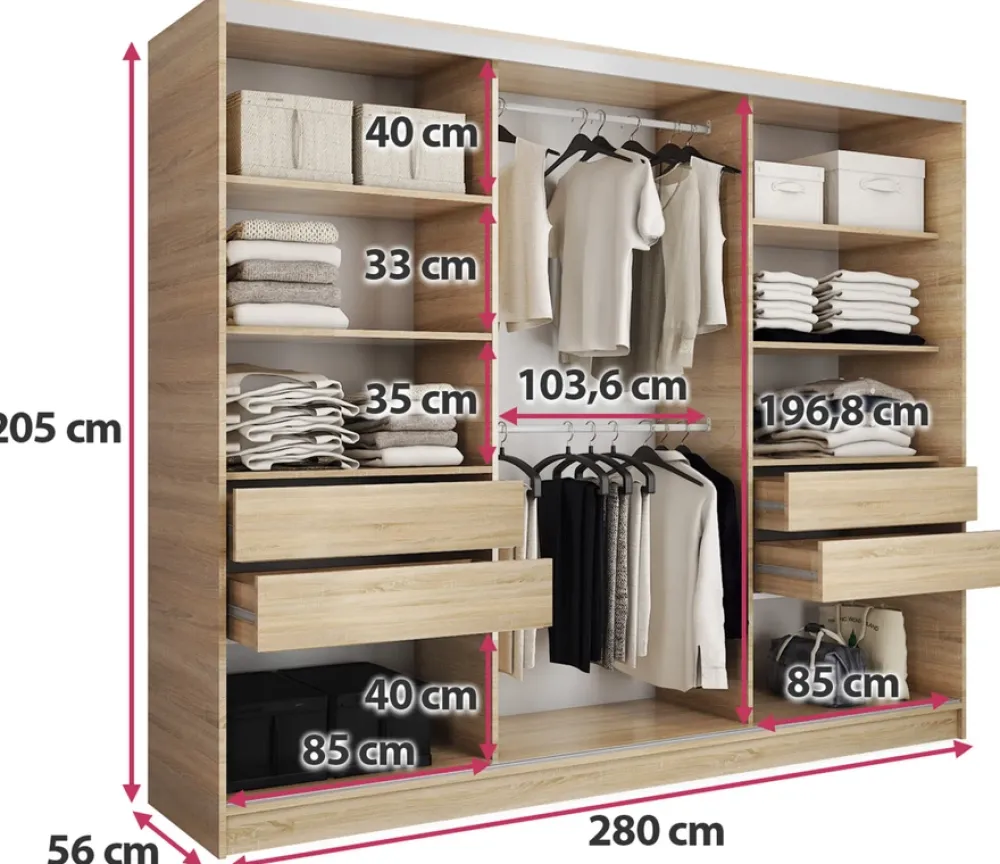 Zestawy Mebli Do Przedpokoju|Szafy Trzydrzwiowe>BROMARKT Szafa przesuwna 280 cm TOP dąb sonoma
