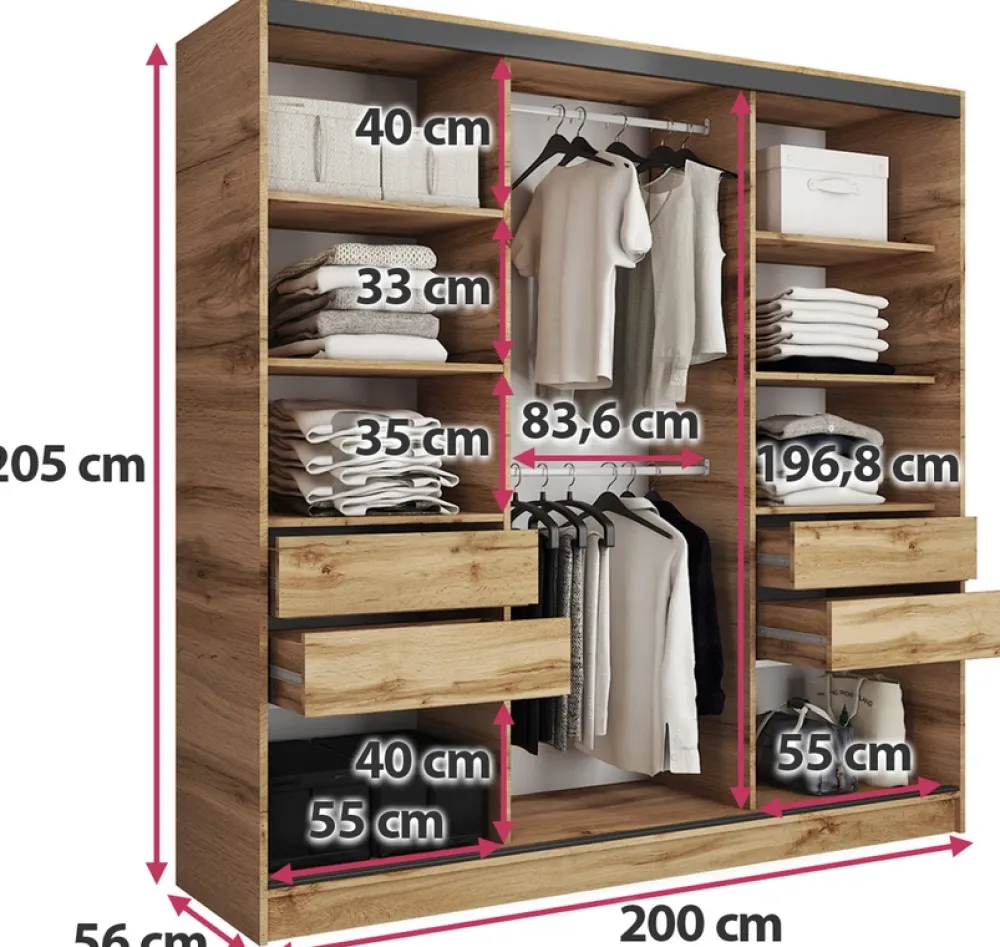 Zestawy Mebli Do Przedpokoju|Szafy Trzydrzwiowe>BROMARKT Szafa przesuwna 200 cm LOFT dąb wotan