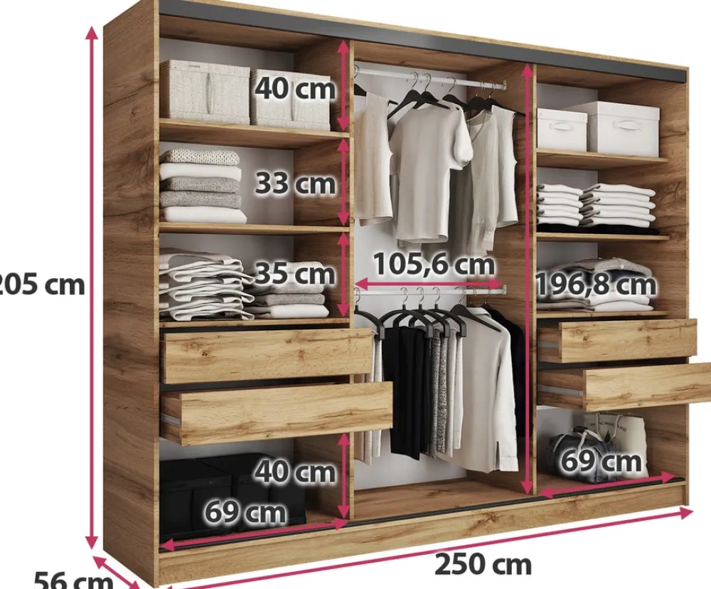 Zestawy Mebli Do Przedpokoju|Szafy Trzydrzwiowe>BROMARKT Szafa przesuwna 250 cm LOFT dąb wotan