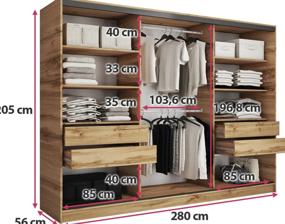 Zestawy Mebli Do Przedpokoju|Szafy Trzydrzwiowe>BROMARKT Szafa przesuwna 280 cm LOFT dąb wotan
