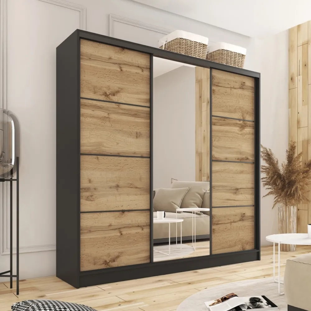 Zestawy Mebli Do Przedpokoju|Szafy Trzydrzwiowe>BROMARKT Szafa przesuwna 200 cm dąb wotan LOFT