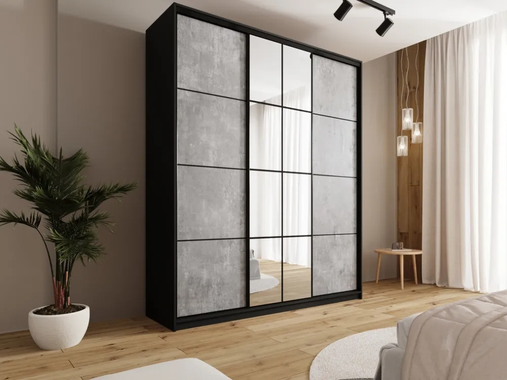 Zestawy Mebli Do Przedpokoju|Szafy Trzydrzwiowe>BROMARKT Szafa przesuwna 200 cm do sypialni z lustrem EDGE MAX beton