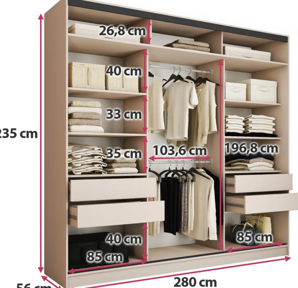 Zestawy Mebli Do Przedpokoju|Szafy Trzydrzwiowe>BROMARKT Szafa przesuwna 280 cm do sypialni LOFT MAX beżowa beż piaskowy