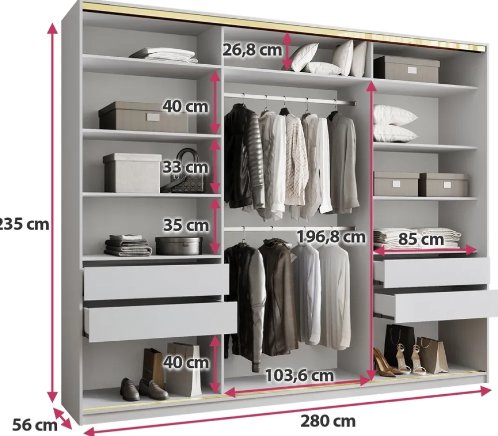 Zestawy Mebli Do Przedpokoju|Szafy Trzydrzwiowe>BROMARKT Szafa przesuwna 280 cm GOLD NEW MAX biały