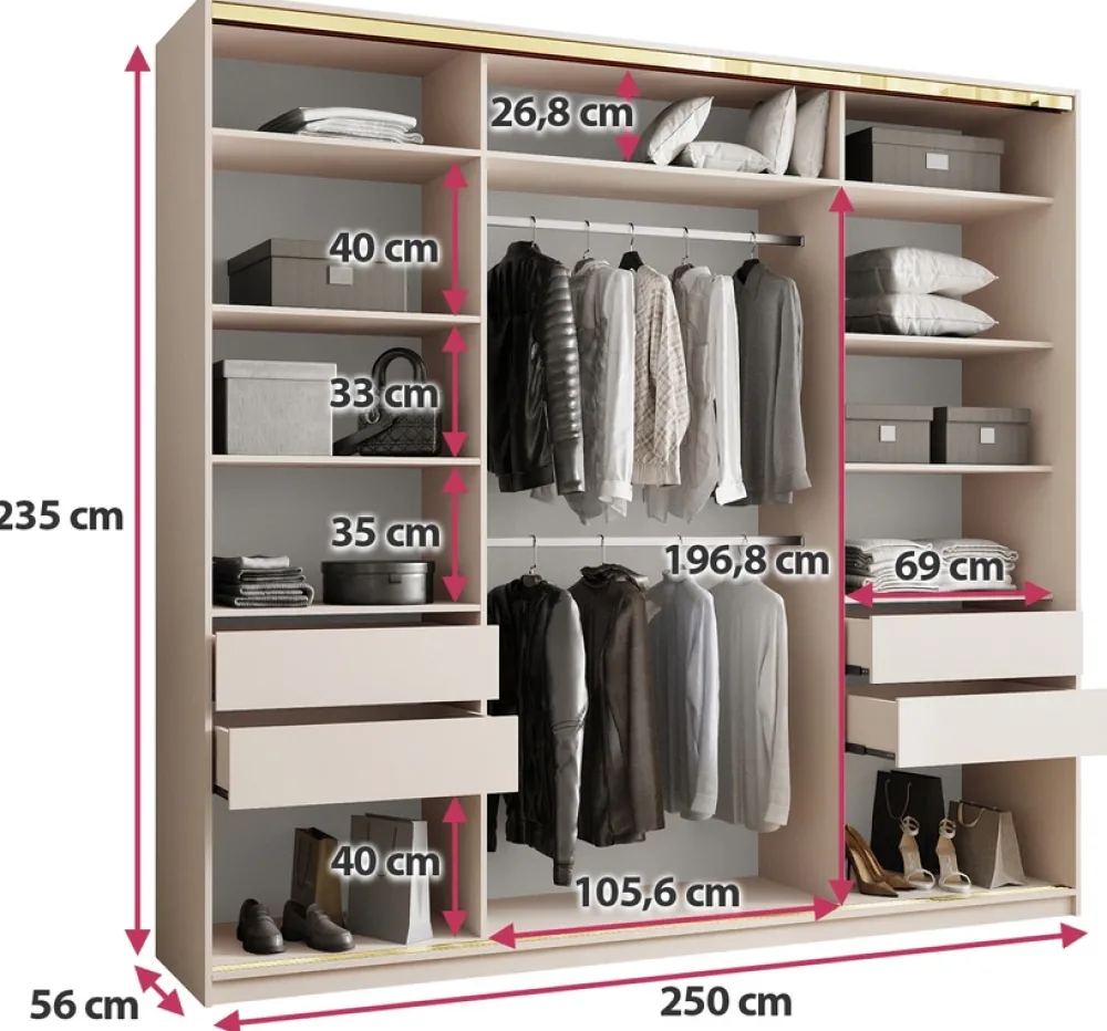 Zestawy Mebli Do Przedpokoju|Szafy Trzydrzwiowe>BROMARKT Szafa przesuwna 250 cm GOLD NEW MAX beż piaskowy