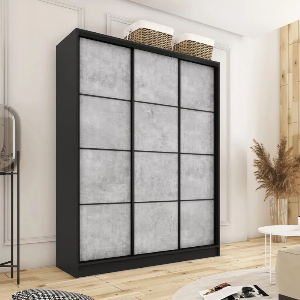Zestawy Mebli Do Przedpokoju|Szafy Trzydrzwiowe>BROMARKT Szafa przesuwna 150 cm LOFT beton mat czarny