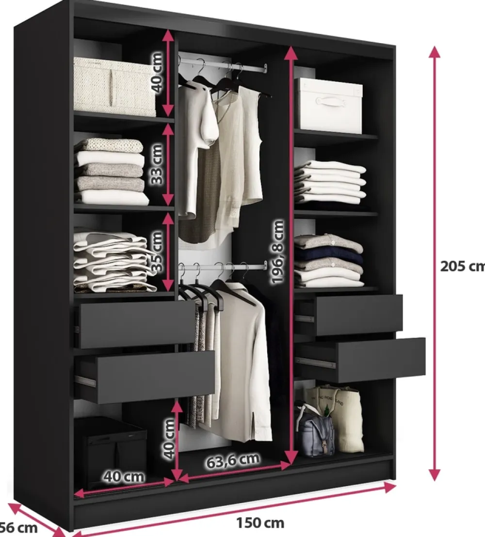 Zestawy Mebli Do Przedpokoju|Szafy Trzydrzwiowe>BROMARKT Szafa przesuwna 150 cm LOFT beton mat czarny